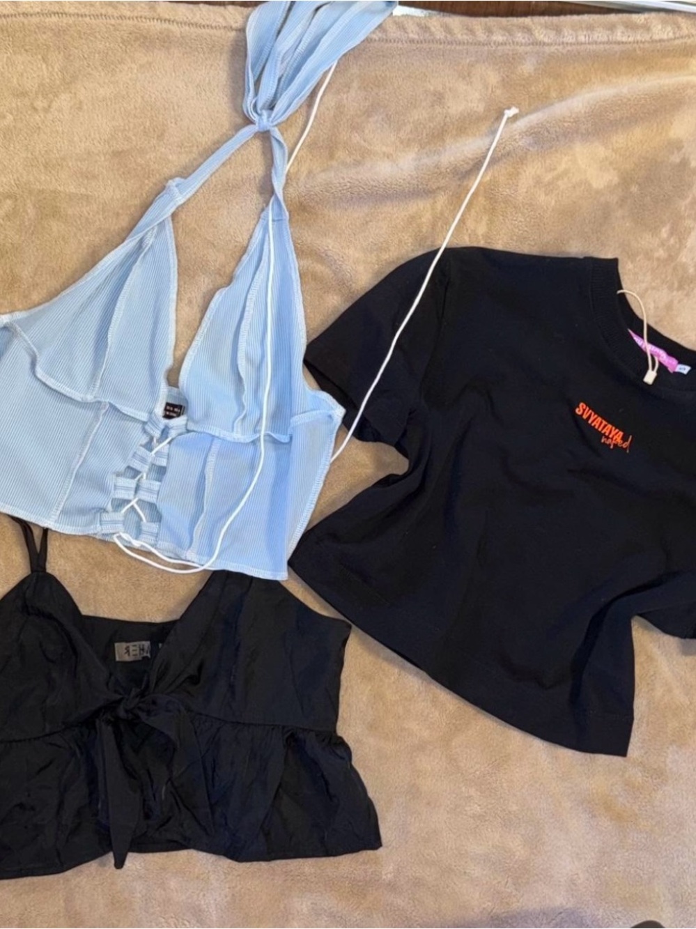 Three Women's Tops Bundle - Light Blue Halter, Black Tee, Black Crop